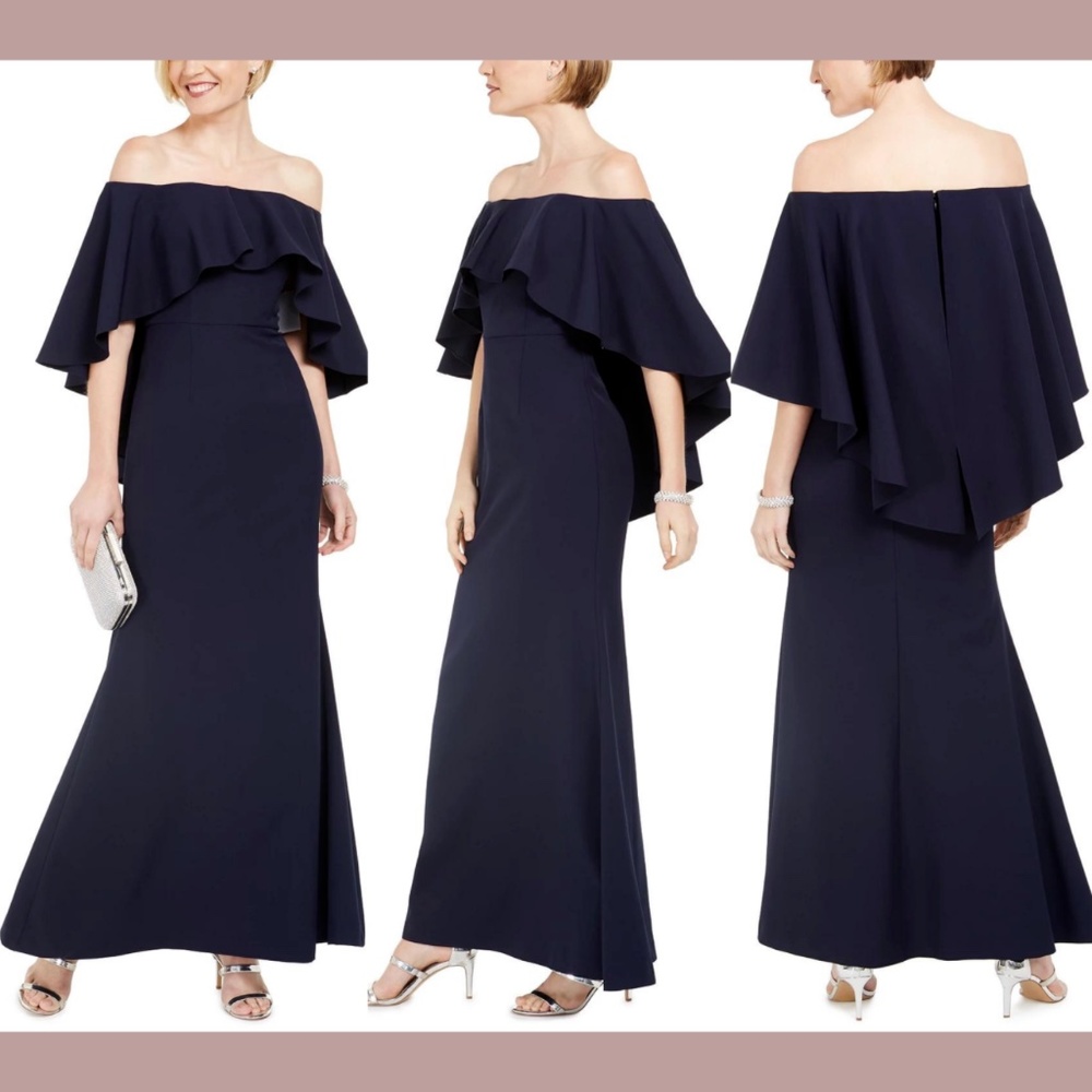 NWT Vince Camuto [ 8 ] Off‎ The Shoulder Capelet Gown in Navy Blue